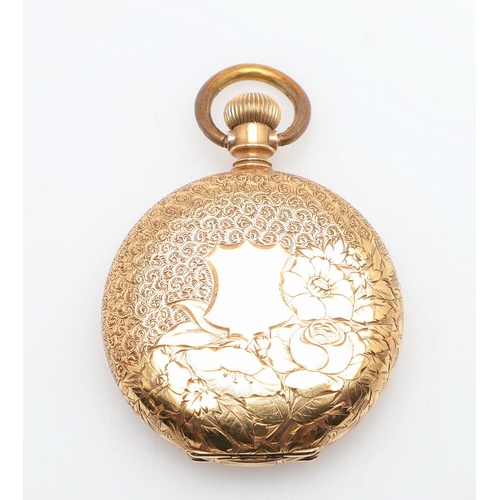 910 - AN 18CT GOLD FULL HUNTING CASED POCKET WATCH BY ELGIN. the signed white enamel dial with Roman numer... 