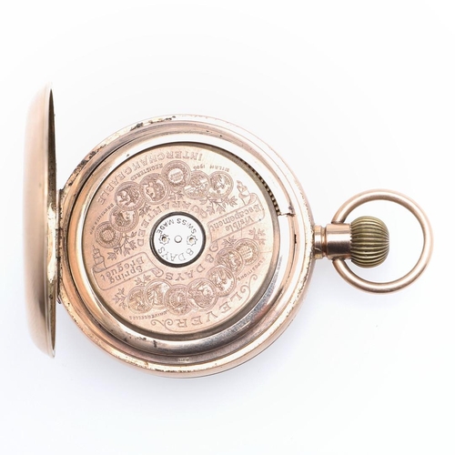 911 - A 9CT GOLD OPEN FACED 8 DAYS POCKET WATCH. the white enamel dial with Roman numerals, with skelton m... 