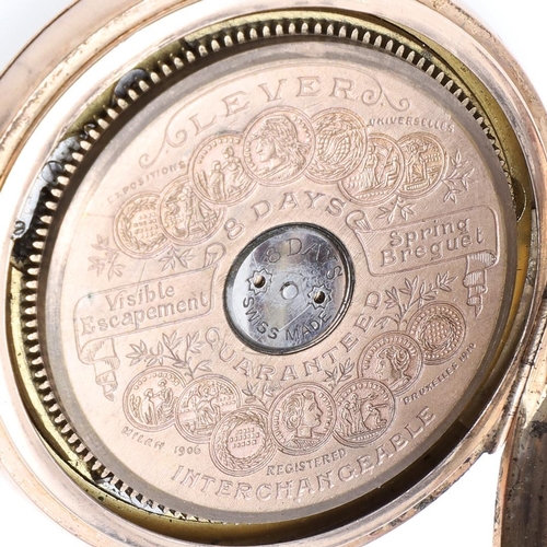 911 - A 9CT GOLD OPEN FACED 8 DAYS POCKET WATCH. the white enamel dial with Roman numerals, with skelton m... 