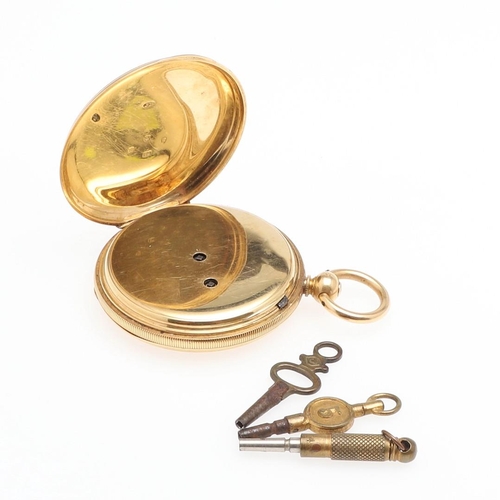 912 - AN 18CT GOLD FULL HUNTING CASED POCKET WATCH. the white enamel dial with Roman numerals and subsidia... 