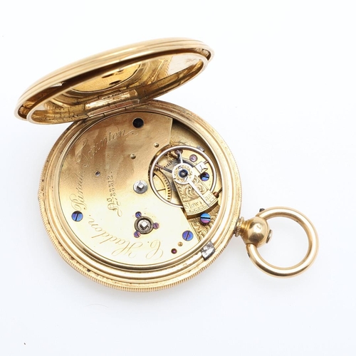 912 - AN 18CT GOLD FULL HUNTING CASED POCKET WATCH. the white enamel dial with Roman numerals and subsidia... 