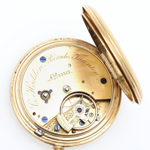 912 - AN 18CT GOLD FULL HUNTING CASED POCKET WATCH. the white enamel dial with Roman numerals and subsidia... 