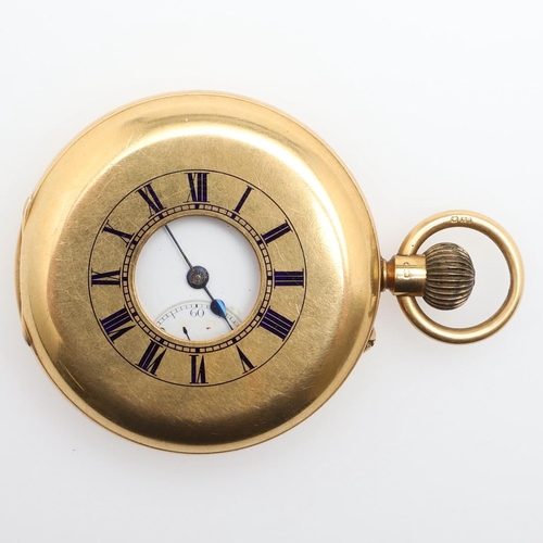 913 - AN 18CT GOLD HALF HUNTING CASED POCKET WATCH. the white enamel dial with Roman numerals and subsidia... 