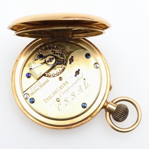 913 - AN 18CT GOLD HALF HUNTING CASED POCKET WATCH. the white enamel dial with Roman numerals and subsidia... 