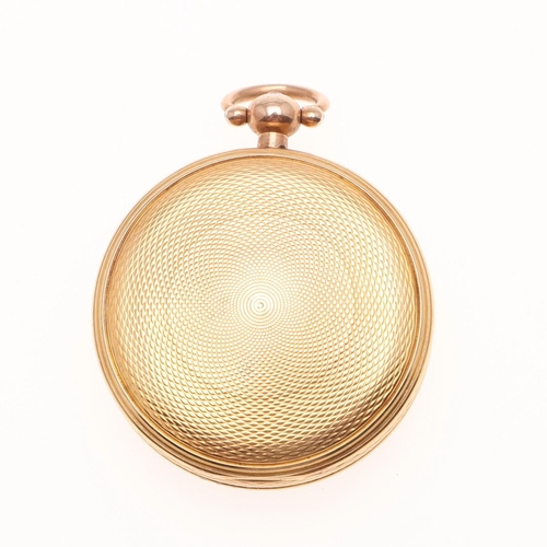 914 - AN 18TH CENTURY 18CT GOLD OPEN FACED POCKET WATCH. the gold dial with Arabic numerals and engine tur... 