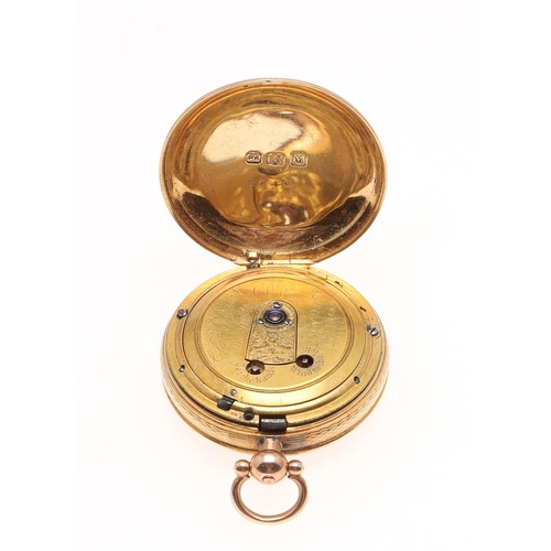 914 - AN 18TH CENTURY 18CT GOLD OPEN FACED POCKET WATCH. the gold dial with Arabic numerals and engine tur... 