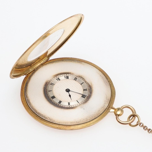 915 - A GOLD HALF HUNTING CASED POCKET WATCH. the circular dial with Roman numerals, with foliate engraved... 