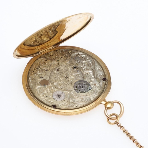 915 - A GOLD HALF HUNTING CASED POCKET WATCH. the circular dial with Roman numerals, with foliate engraved... 