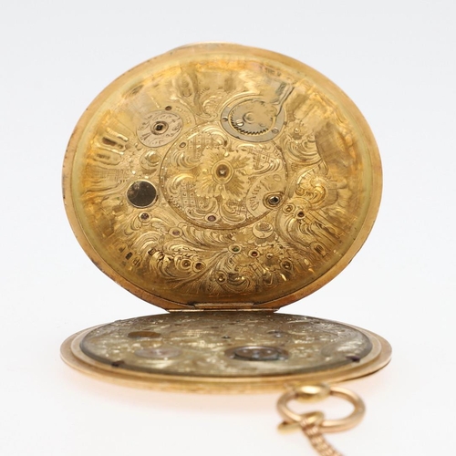 915 - A GOLD HALF HUNTING CASED POCKET WATCH. the circular dial with Roman numerals, with foliate engraved... 