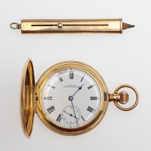 916 - AN 18CT GOLD FULL HUNTING CASED POCKET WATCH BY A.W.W. CO., WALTHAM, MASS. the signed white enamel d... 