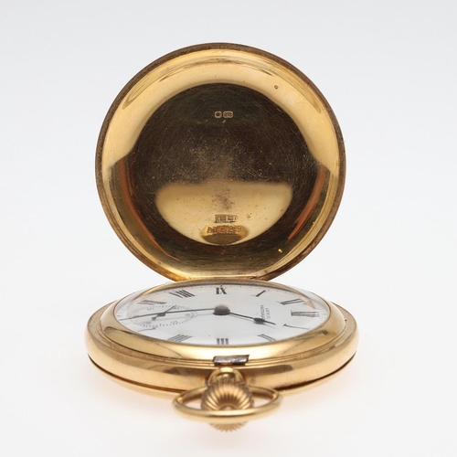 916 - AN 18CT GOLD FULL HUNTING CASED POCKET WATCH BY A.W.W. CO., WALTHAM, MASS. the signed white enamel d... 