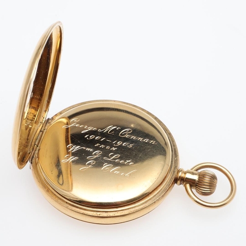 916 - AN 18CT GOLD FULL HUNTING CASED POCKET WATCH BY A.W.W. CO., WALTHAM, MASS. the signed white enamel d... 