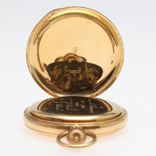 916 - AN 18CT GOLD FULL HUNTING CASED POCKET WATCH BY A.W.W. CO., WALTHAM, MASS. the signed white enamel d... 