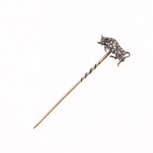 924 - A VICTORIAN DIAMOND STICK PIN. in the form of a charging bull, set with rose-cut diamonds, with cabo... 