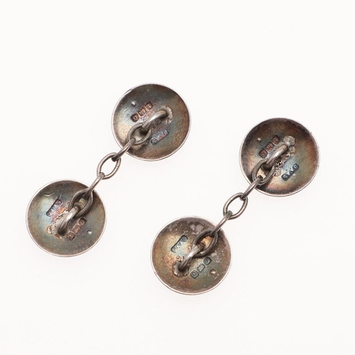 928 - A PAIR OF ENAMEL AND SILVER CUFFLINKS. each link with blue guilloche enamel decoration within a surr... 