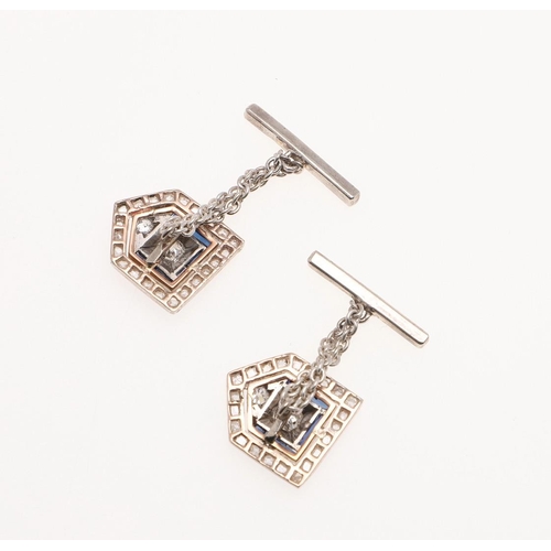 929 - A PAIR OF SAPPHIRE AND DIAMOND CUFFLINKS. of shield-shape, mounted with rose-cut and old-cut diamond... 