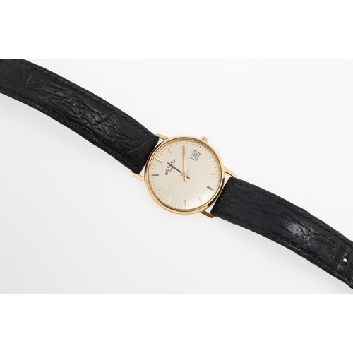 945 - A GENTLEMAN'S 18CT GOLD WRISTWATCH BY ROTARY. the signed circular dial with baton numerals and date ... 