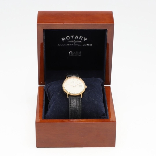 945 - A GENTLEMAN'S 18CT GOLD WRISTWATCH BY ROTARY. the signed circular dial with baton numerals and date ... 