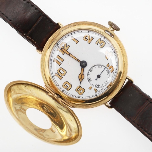 947 - AN 18CT GOLD OFFICER'S TRENCH WATCH 1ST WORLD WAR, CIRCA 1915. the white enamel dial with Arabic num... 