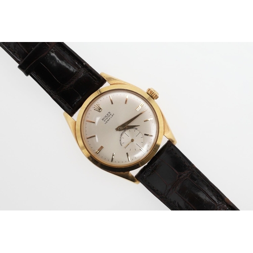 958 - A GENTLEMAN'S 18CT GOLD OYSTER VERIFLAT WRISTWATCH BY ROLEX. the signed circular dial with baton num... 