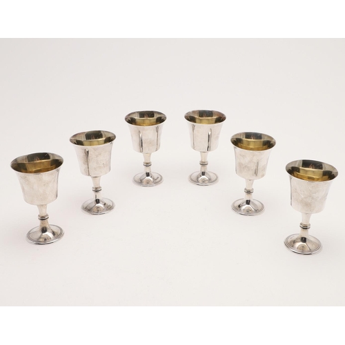 122 - A SET OF SIX MODERN WINE GOBLETS. of campana form, with gilded bowls and knopped stems, maker's mark... 