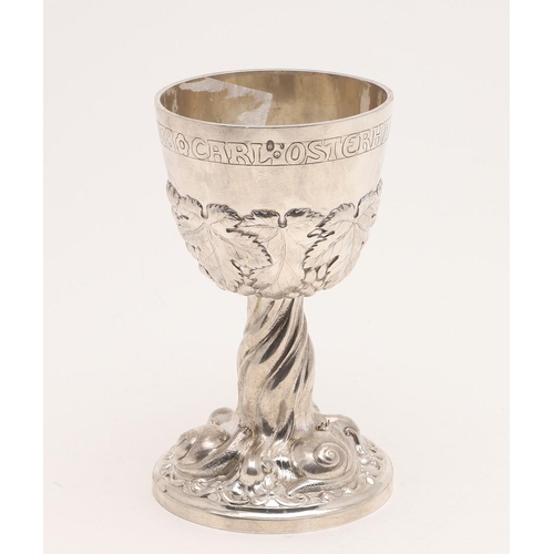 139 - AN EARLY 20TH CENTURY LARGE NATURALISTIC DANISH GOBLET. the bowl with an inscription below the rim, ... 