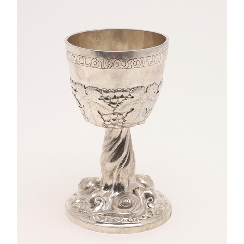 139 - AN EARLY 20TH CENTURY LARGE NATURALISTIC DANISH GOBLET. the bowl with an inscription below the rim, ... 