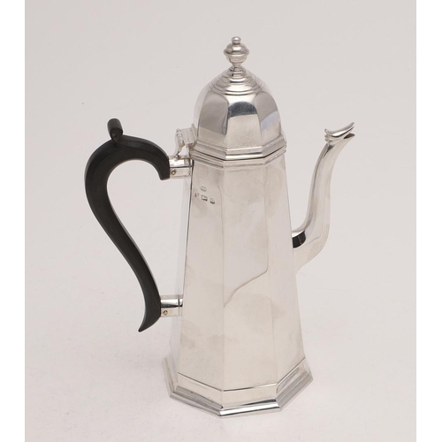 164 - AN EARLY 20TH CENTURY COFFEE POT. octagonal form, with a scroll handle & an urn finial, by William A... 