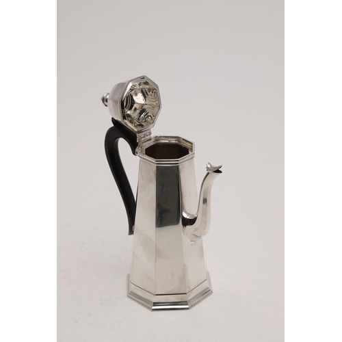 164 - AN EARLY 20TH CENTURY COFFEE POT. octagonal form, with a scroll handle & an urn finial, by William A... 