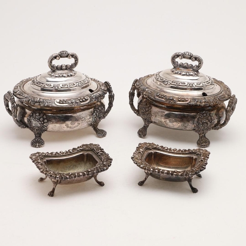 170 - A PAIR OF 19TH CENTURY SILVER PLATED SAUCE TUREENS & COVERS. with ornate borders & feet together wit... 