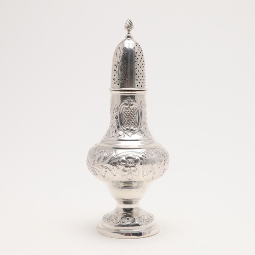 177 - A LATE VICTORIAN VASE-SHAPED SUGAR CASTER. the body decorated with embossed floral scrolls and a vac... 