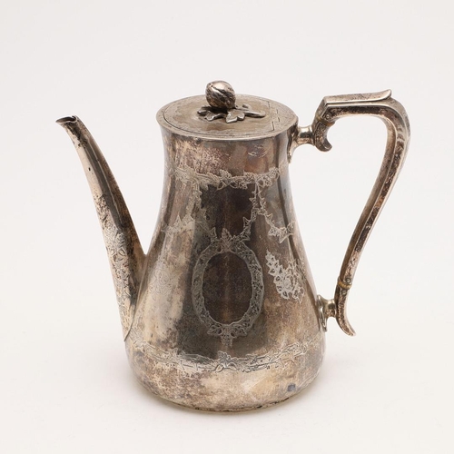 185 - A VICTORIAN ENGRAVED COFFEE POT. circular outline, with a slightly waisted body and a fruit finial, ... 