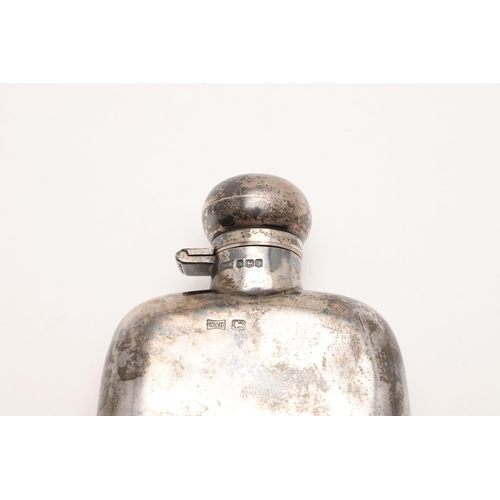 186 - A GEORGE V RECTANGULAR SPIRIT FLASK. with rounded corners, a hinged twist cap, crested & inscribed, ... 