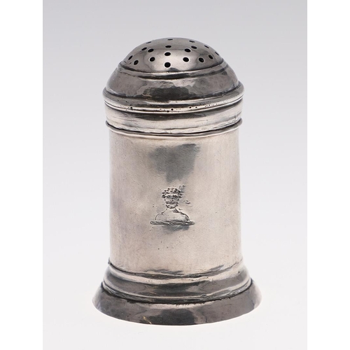 197 - A GEORGE I BRITANNIA-STANDARD KITCHEN PEPPER. of cylindrical form, with a pull-off domed and pierced... 