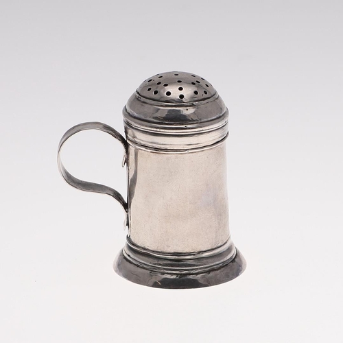 197 - A GEORGE I BRITANNIA-STANDARD KITCHEN PEPPER. of cylindrical form, with a pull-off domed and pierced... 