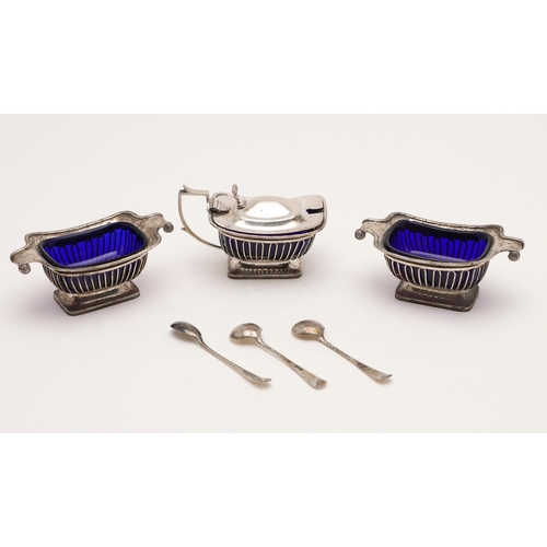 199 - A GEORGE V THREE-PIECE CASED CONDIMENT SET. rounded rectangular form with ribbon & reed borders, wir... 