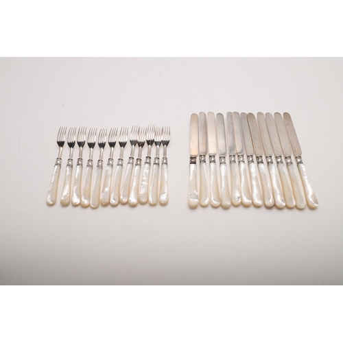 20 - A VICTORIAN SET OF TWELVE PAIRS OF MOTHER-OF-PEARL HANDLED FRUIT KNIVES & FORKS. by Henry Wilkinson ... 