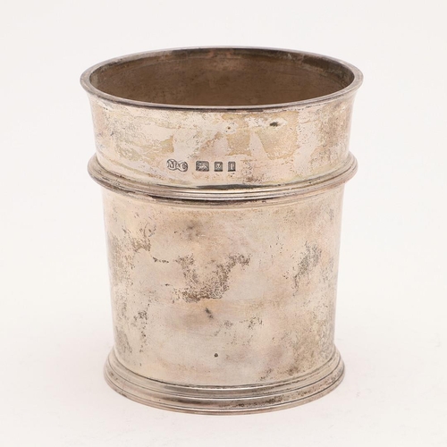 202 - A GEORGE V BEAKER. with an everting rim, an applied reeded girdle and on a circular foot, inscribed ... 