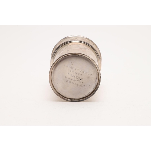 202 - A GEORGE V BEAKER. with an everting rim, an applied reeded girdle and on a circular foot, inscribed ... 