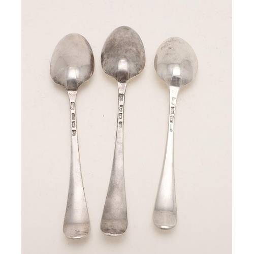 21 - THREE GEORGE III OLD ENGLISH SPOONS, BY HESTER BATEMAN. a pair, initialled 