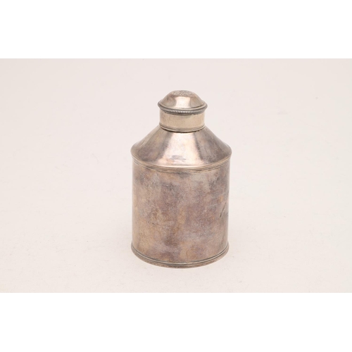 212 - A GEORGE III SCOTTISH TEA CANNISTER. cylindrical form, the pull-off cover with a bead border  and th... 