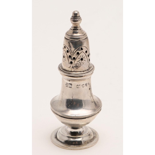 217 - A MID-19TH CENTURY INDIAN COLONIAL PEPPER CASTER. of cylindrical form, with squat-domed covers and i... 