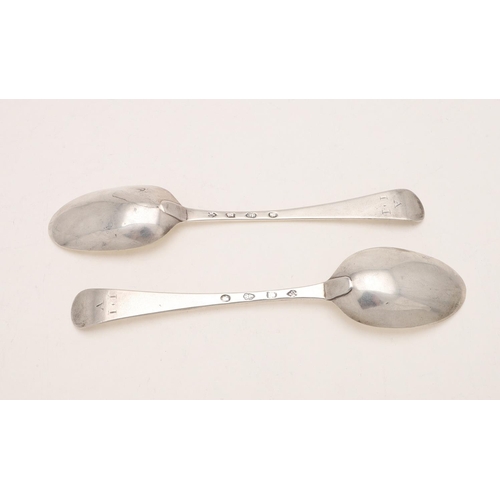 22 - A PAIR OF GEORGE II IRISH HANOVERIAN TABLESPOONS. initialled on the back of the terminals 