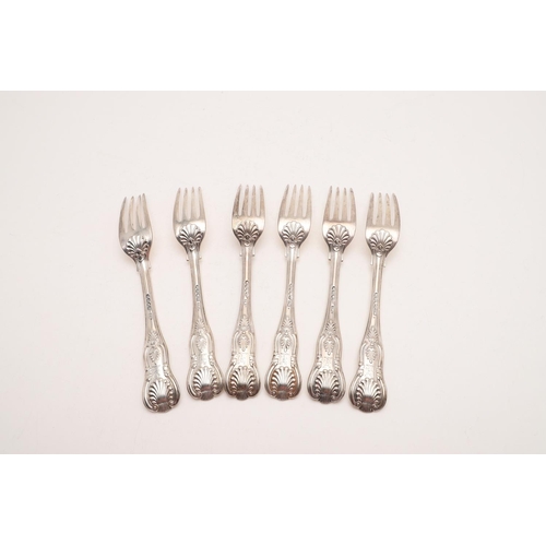 23 - A SET OF SIX WILLIAM IV/ EARLY VICTORIAN KING'S PATTERN TABLE FORKS. crested on the back of the term... 