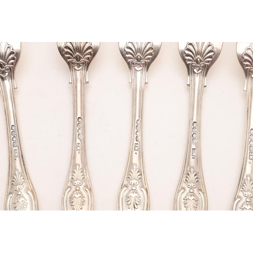 23 - A SET OF SIX WILLIAM IV/ EARLY VICTORIAN KING'S PATTERN TABLE FORKS. crested on the back of the term... 