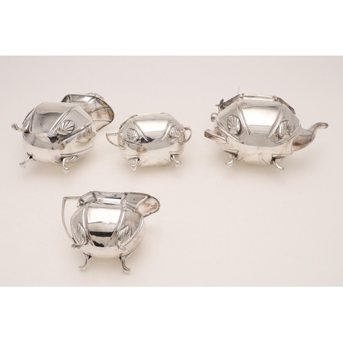 230 - A GEORGE V FOUR-PIECE TEA SET. of octagonal form, with angular handles and raised on four legs, by A... 