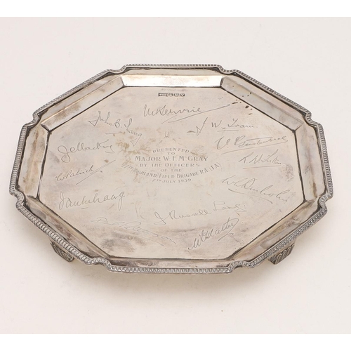 237 - A GEORGE VI SMALL OCTAGONAL SALVER. with an egg & dart border, the centre with a military presentati... 