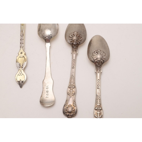 24 - MIXED FLATWARE:-. a Victorian parcelgilt spoon, by Robert Stebbings, London 1892, a Victorian Queen'... 