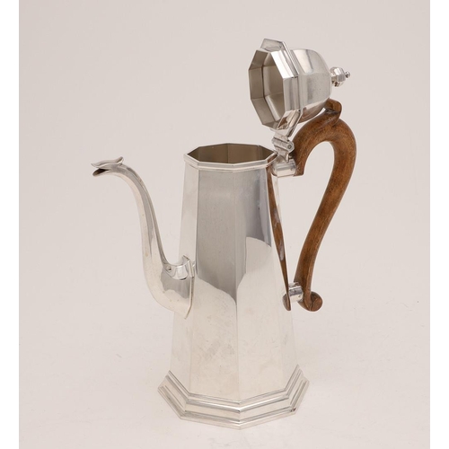 247 - A MODERN OCTAGONAL COFFEE POT. slightly tapering and with a wooden scroll handle, by William Walter ... 