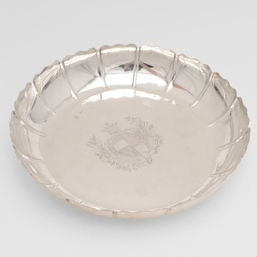 248 - A GEORGE III IRISH STRAWBERRY DISH. of shallow circular form, with a shaped & fluted rim  and engrav... 